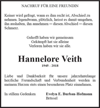 Traueranzeige von Hannelore Veith von Trauerportal Rhein Main Presse