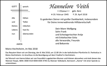 Traueranzeige von Hannelore Veith von Trauerportal Rhein Main Presse