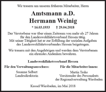 Traueranzeige von Hermann Weinig von Trauerportal Rhein Main Presse