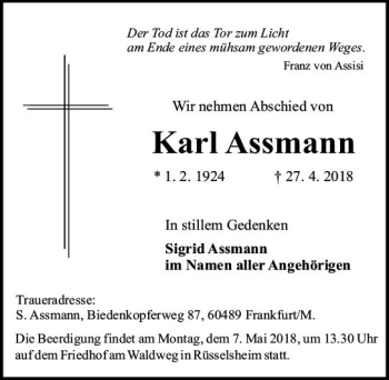 Traueranzeige von Karl Assmann von Trauerportal Rhein Main Presse