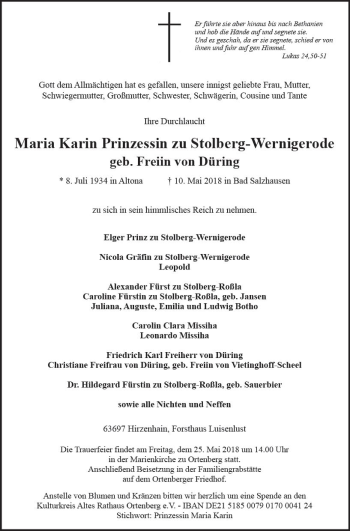 Traueranzeige von Maria Karin  Prinzessin zu Stolberg-Wernigerode von  Kreisanzeiger