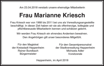 Traueranzeige von Marianne Kriesch von Trauerportal Rhein Main Presse