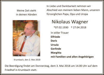 Traueranzeige von Nikolaus Wagner von Trauerportal Rhein Main Presse