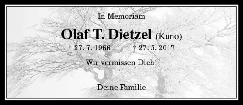  Traueranzeige für Olaf Tankred Dietzel vom 26.05.2018 aus  Gießener Anzeiger