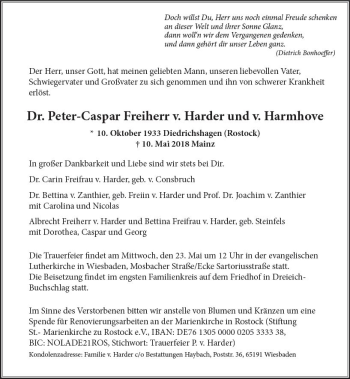 Traueranzeige von Peter-Caspar  Freiherr v. Harder und v. Harmhove von Trauerportal Rhein Main Presse