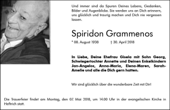 Traueranzeige von Spiridon Grammenos von Trauerportal Rhein Main Presse