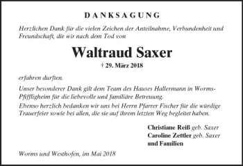 Traueranzeige von Waltraud Saxer von Trauerportal Rhein Main Presse