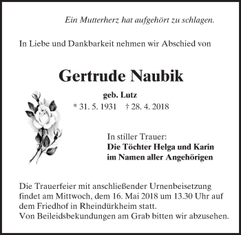 Traueranzeige von Gertrude Naubik von Trauerportal Rhein Main Presse