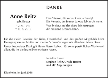 Traueranzeige von Anne Reitz von Trauerportal Rhein Main Presse