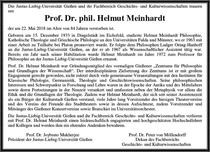  Traueranzeige für Helmut Meinhardt vom 02.06.2018 aus  Gießener Anzeiger