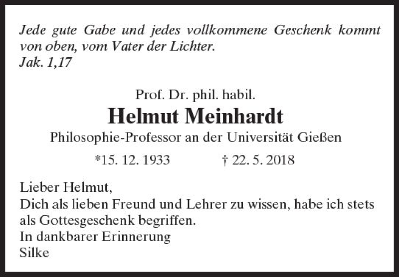  Traueranzeige für Helmut Meinhardt vom 22.06.2018 aus  Gießener Anzeiger