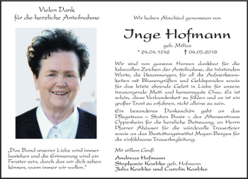 Traueranzeige von Inge Hofmann von Trauerportal Rhein Main Presse