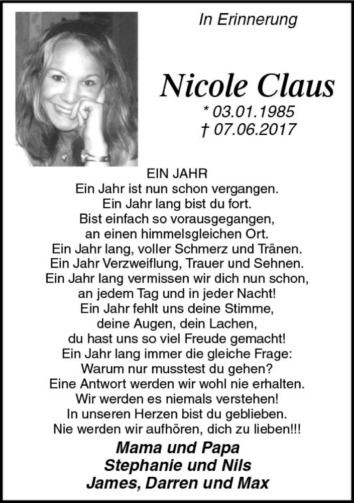  Traueranzeige für Nicole Claus vom 07.06.2018 aus  Gießener Anzeiger