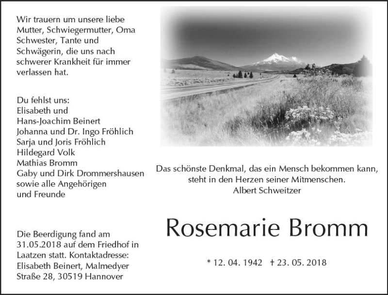 Traueranzeige für Rosemarie Bromm vom 09.06.2018 aus  Gießener Anzeiger