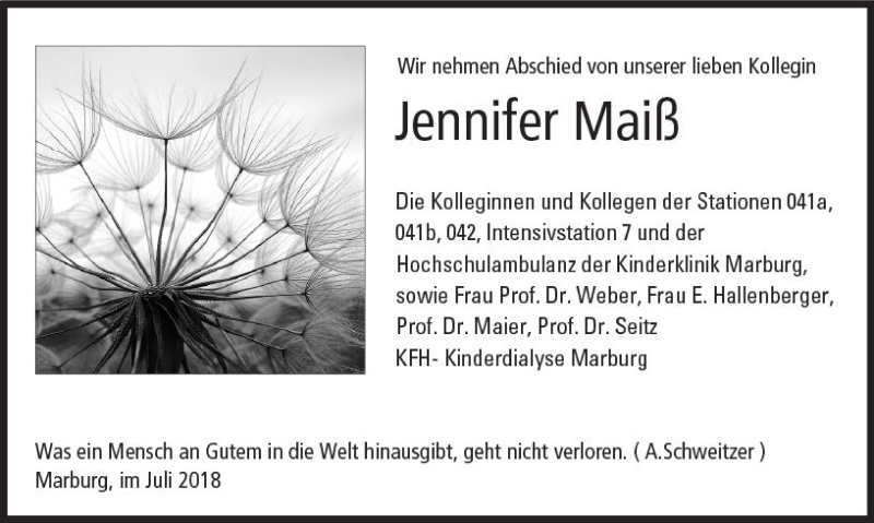  Traueranzeige für Jennifer Maiß vom 28.07.2018 aus VRM Trauer
