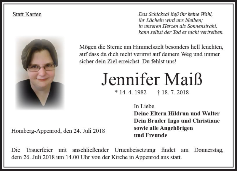  Traueranzeige für Jennifer Maiß vom 24.07.2018 aus VRM Trauer