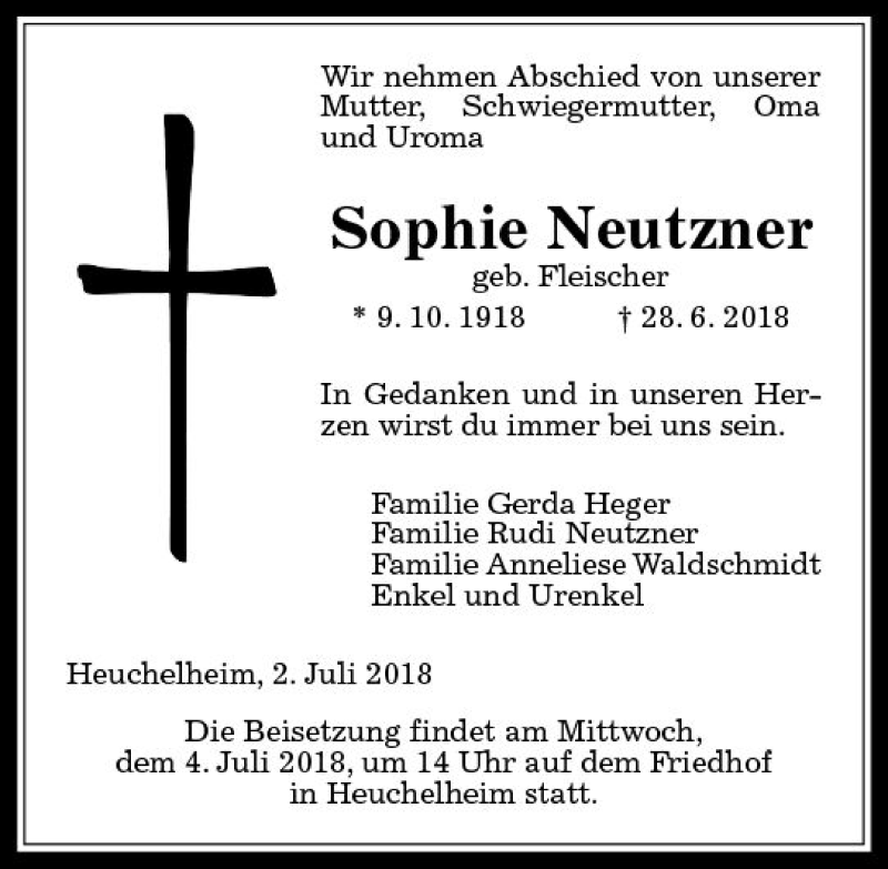 Traueranzeige für Sophie Neutzner vom 02.07.2018 aus  Gießener Anzeiger