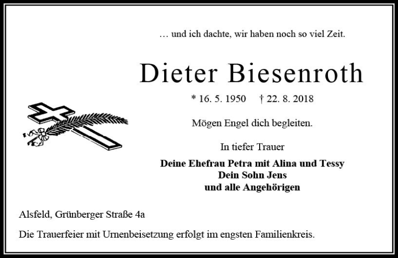  Traueranzeige für Dieter Biesenroth vom 25.08.2018 aus VRM Trauer