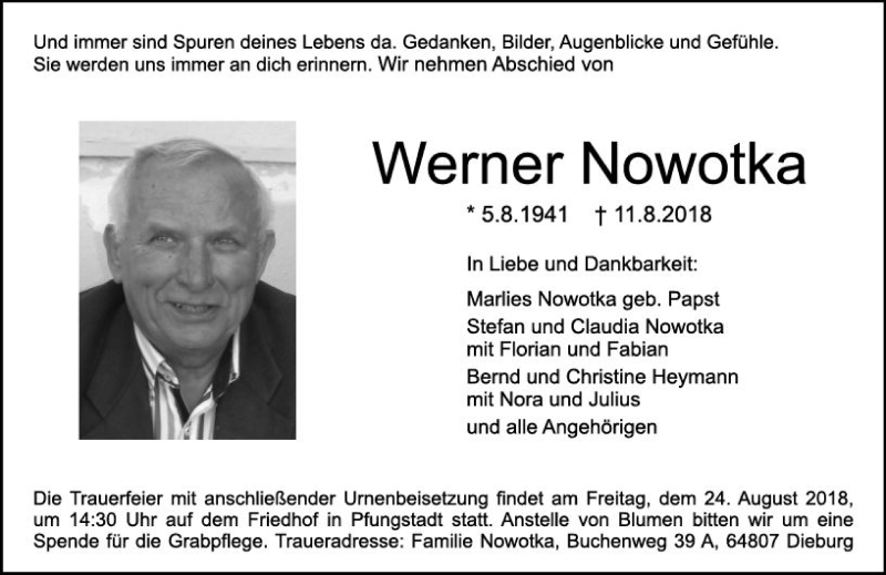  Traueranzeige für Werner Nowotka vom 18.08.2018 aus vrm-trauer