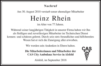 Traueranzeige von Heinz Rhein von  Oberhessische Zeitung