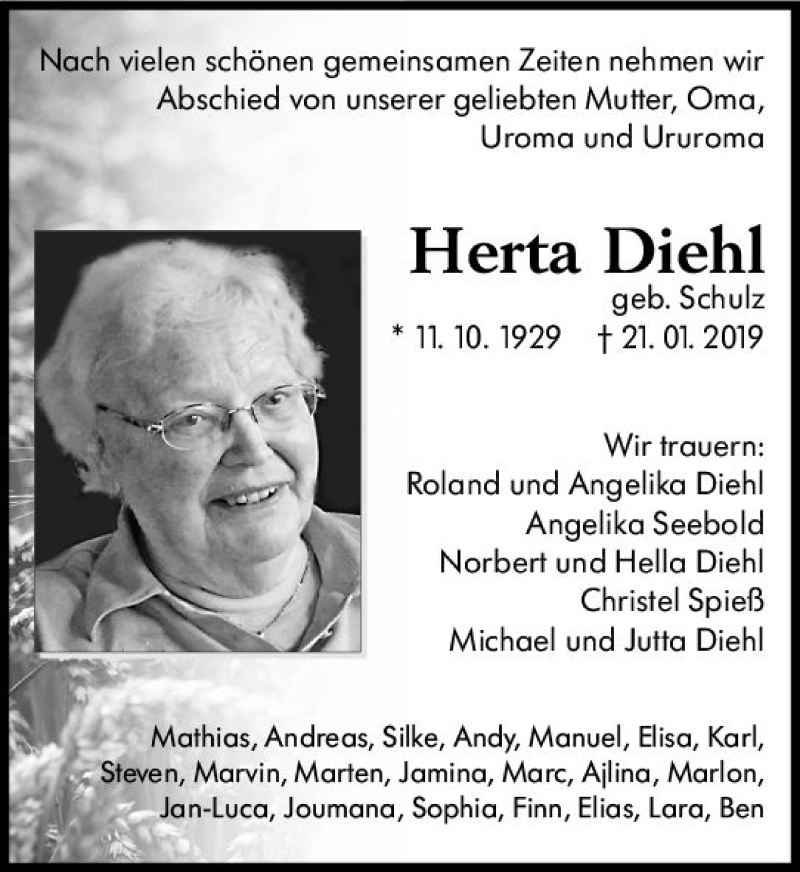  Traueranzeige für Herta Diehl vom 26.01.2019 aus vrm-trauer