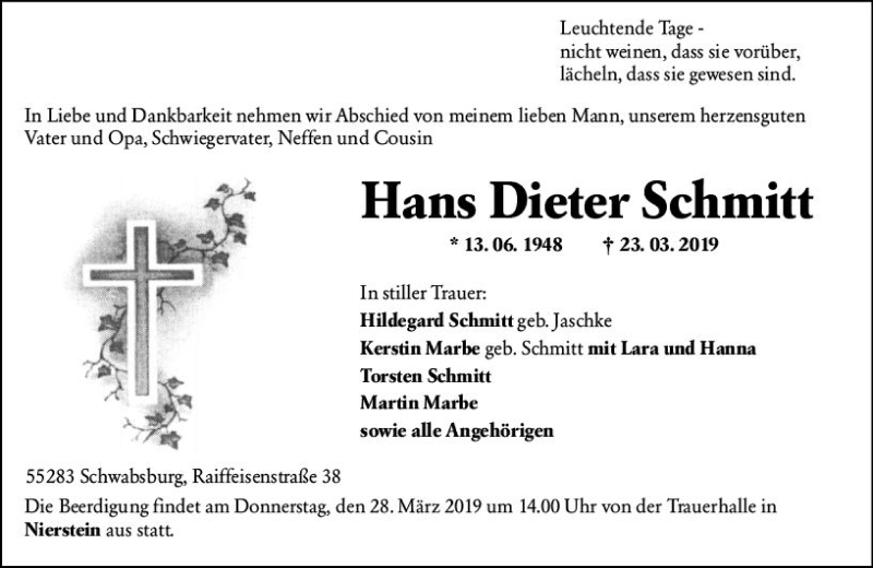  Traueranzeige für Hans Dieter Schmitt vom 26.03.2019 aus vrm-trauer
