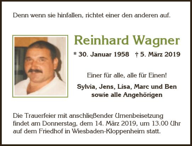  Traueranzeige für Reinhard Wagner vom 09.03.2019 aus vrm-trauer
