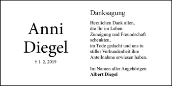 Traueranzeige von Anni Diegel von  Oberhessische Zeitung