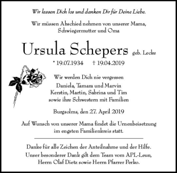 Traueranzeige von Ursula Schepers von  WNZ - Wetzlarer Neue Zeitung ()