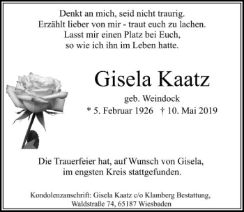 Traueranzeige von Gisela Kaatz von vrm-trauer