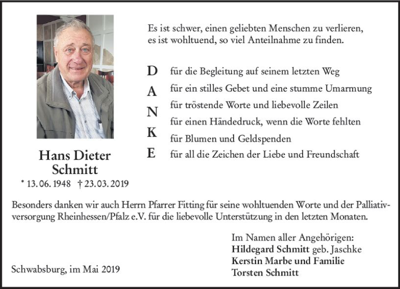  Traueranzeige für Hans Dieter Schmitt vom 11.05.2019 aus vrm-trauer
