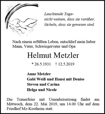 Traueranzeige von Helmut Metzler von vrm-trauer