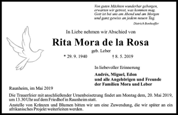 Traueranzeige von Rita  Mora de la Rosa von vrm-trauer