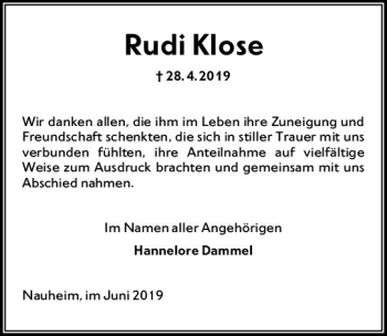 Traueranzeige von Rudi Klose von vrm-trauer