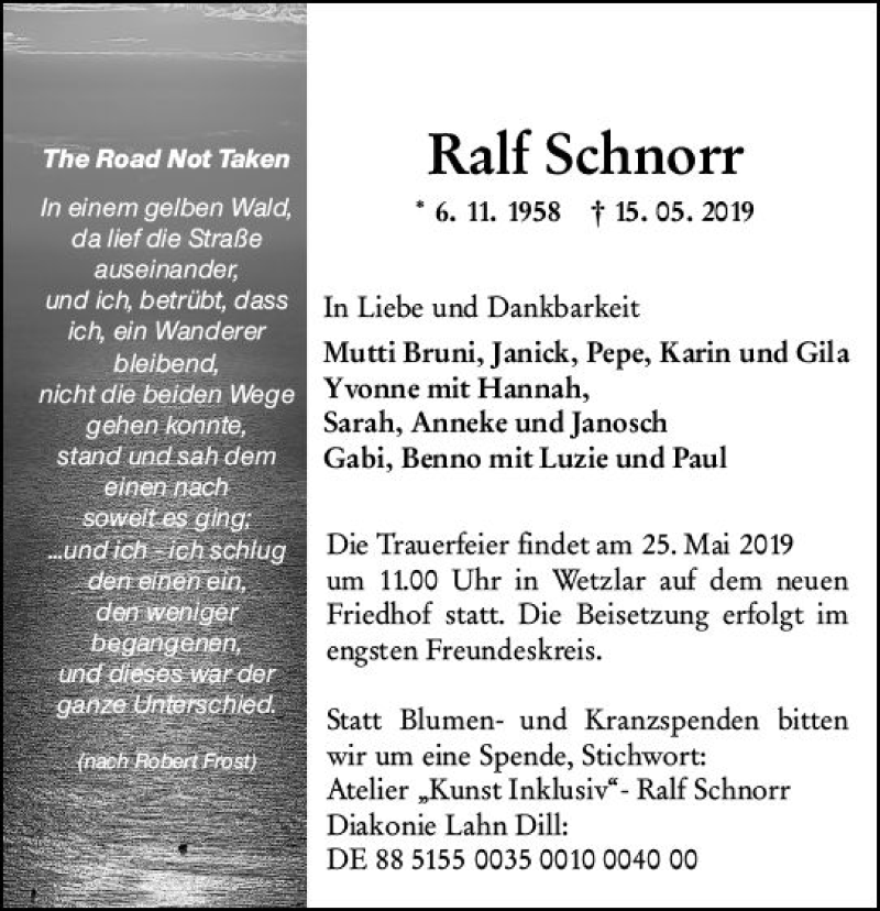  Traueranzeige für Ralf Schnorr vom 22.05.2019 aus  WNZ - Wetzlarer Neue Zeitung ()