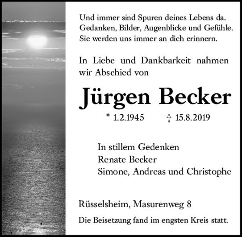  Traueranzeige für Jürgen Becker vom 31.08.2019 aus vrm-trauer