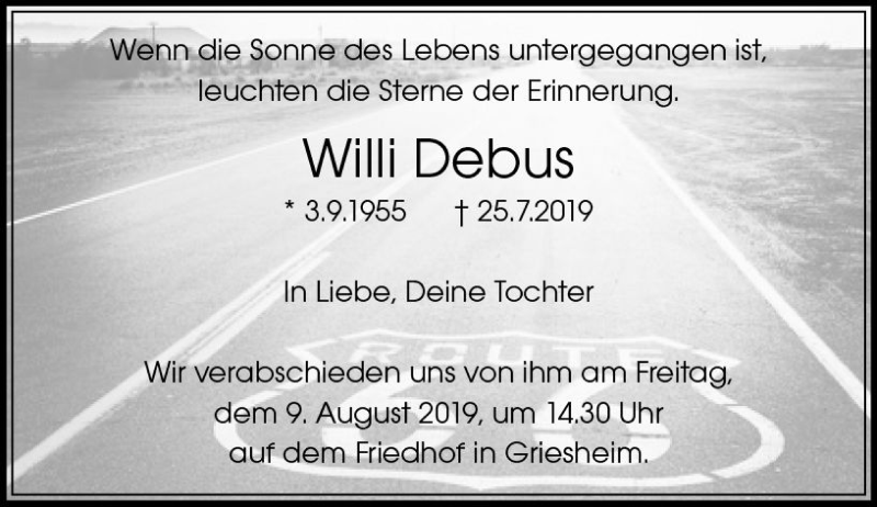 Traueranzeige für Willi Debus vom 03.08.2019 aus vrm-trauer