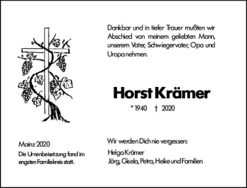 Traueranzeige von Horst Krämer von vrm-trauer