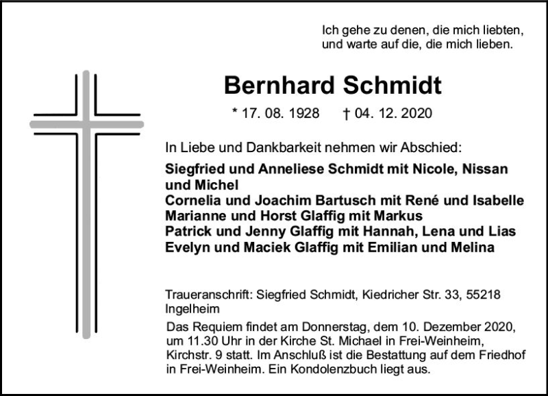  Traueranzeige für Bernhard Schmidt vom 09.12.2020 aus vrm-trauer