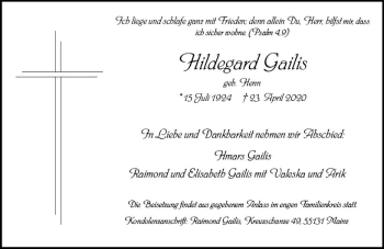 Traueranzeige von Hildegard Gailis von vrm-trauer