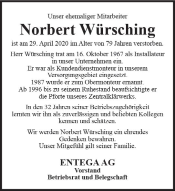 Traueranzeige von Norbert Würsching von vrm-trauer