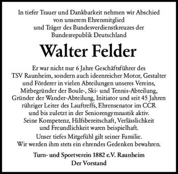 Traueranzeige von Walter Felder von vrm-trauer