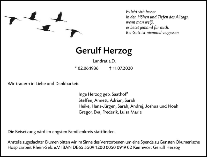  Traueranzeige für Gerulf Herzog vom 16.07.2020 aus vrm-trauer