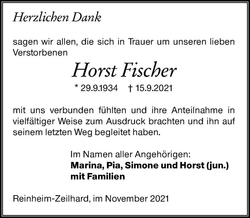  Traueranzeige für Horst Fischer vom 06.11.2021 aus vrm-trauer