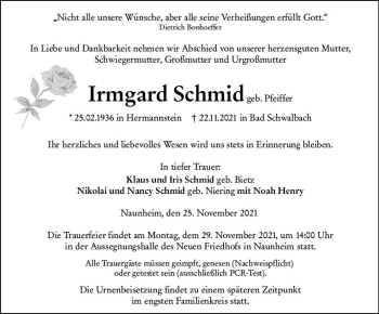 Traueranzeige von Irmgard Schmid von  Wetzlarer Neue Zeitung