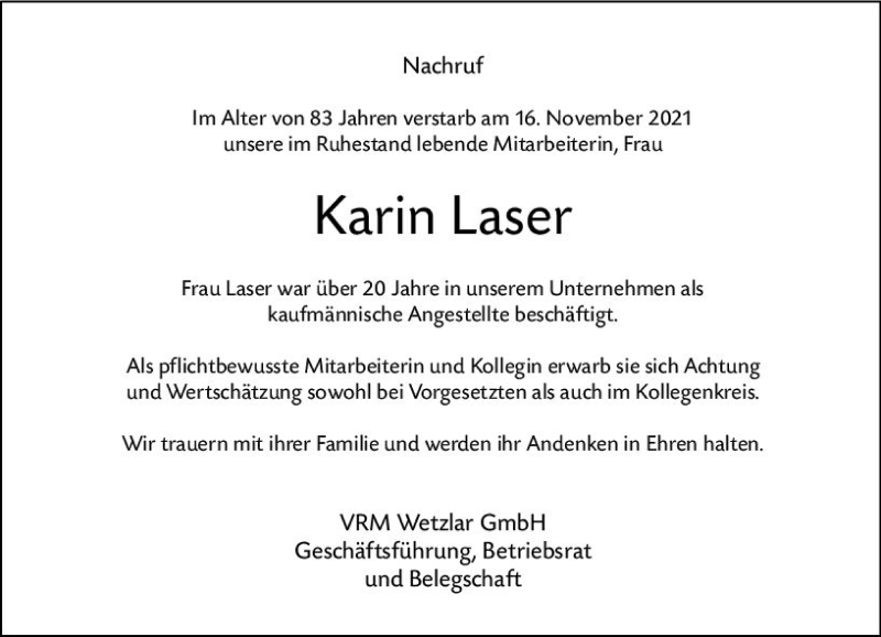  Traueranzeige für Karin Laser vom 25.11.2021 aus  Hinterländer Anzeiger