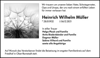 Traueranzeige von Heinrich Wilhelm Müller von vrm-trauer