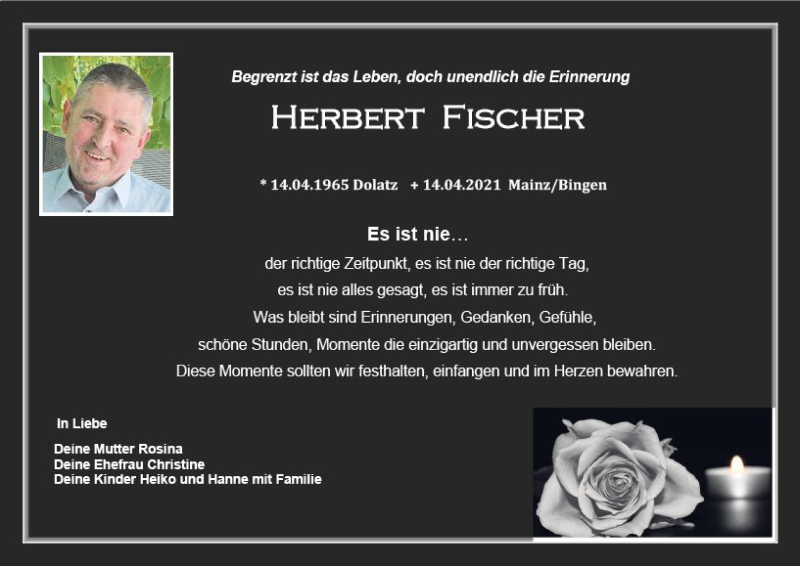  Traueranzeige für Herbert Fischer vom 20.04.2021 aus vrm-trauer