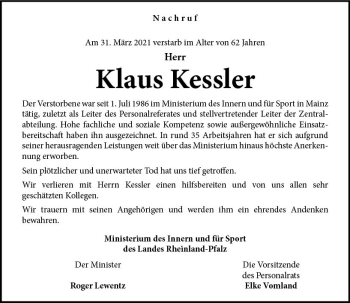 Traueranzeige von Klaus Kessler von vrm-trauer