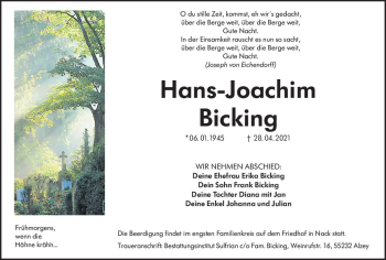 Traueranzeige von Hans-Joachim Bicking von vrm-trauer
